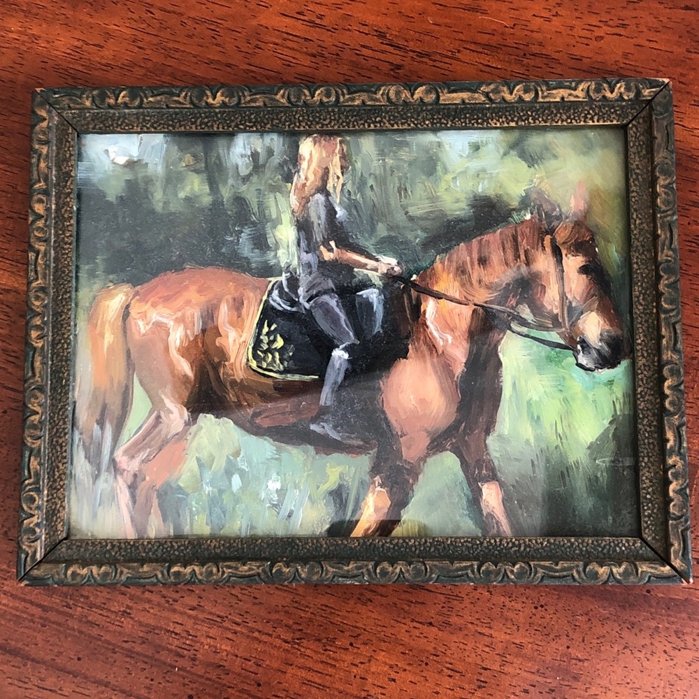 Original Horse Painting Girl on Horseback Estate Antique Frame